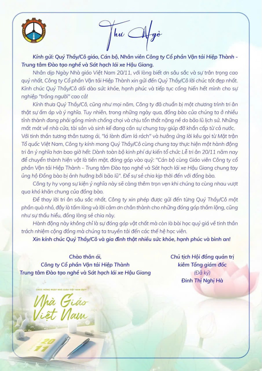 THƯ TRI ÂN NGÀY NHÀ GIÁO VIỆT NAM 20/11